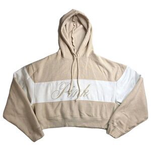 PINK Victoria's Secret Cropped Hoodie Beige White Colorblock Logo Women S